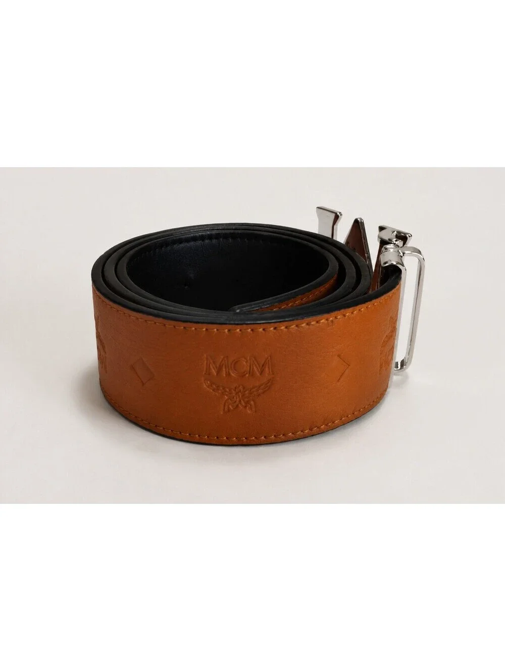 MCM Reversible Cognac Brown & Black Leather Belt with Silver Buckle – Size 43